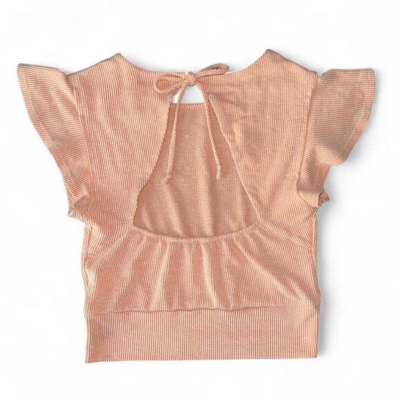 Altar'd State Peach Pink Ribbed Frilly Sleeve Open Tie Back Crop Top Blouse Sz M - Picture 1 of 6